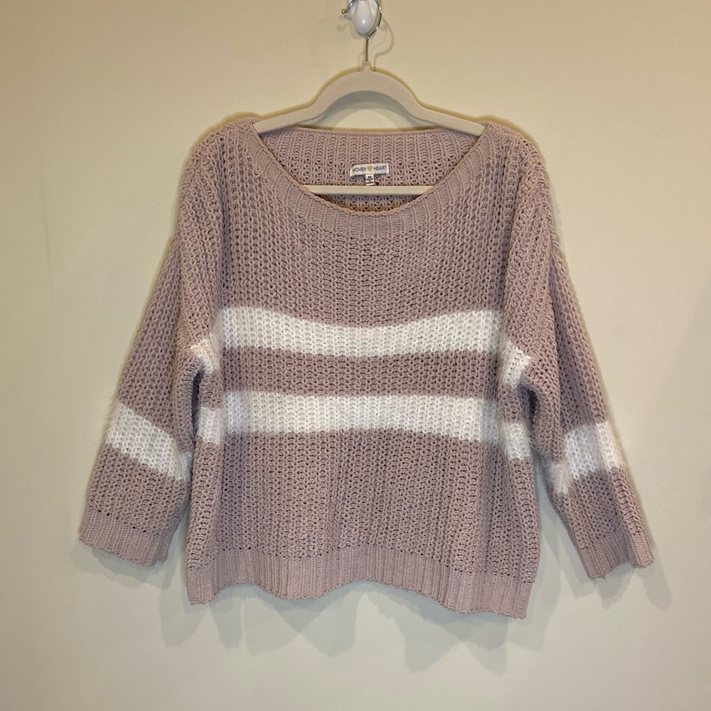 Woven Heart Striped Fluffy Sweater.